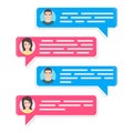 Chat background. Online messages on the screen. Man chatting with woman. Male and female avatars and speech bubbles. Vector illust Royalty Free Stock Photo